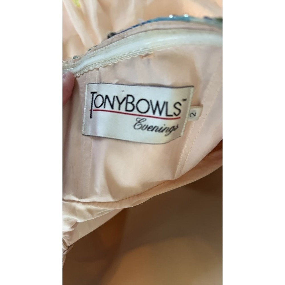 Tony Bowls Evenings Floral Beaded Strapless‎ Gown Peach Blue Watercolor Dress 2 - Picture 3 of 7